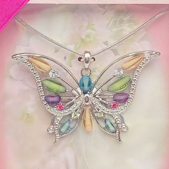 Colorful Butterfly Pendant with Rhinestones Necklace Multicolor New In Box - Picture 2 of 4